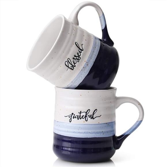 DOWAN 20 oz Coffee Mugs, Large Mugs with Word Blessed Grateful, Porcelain